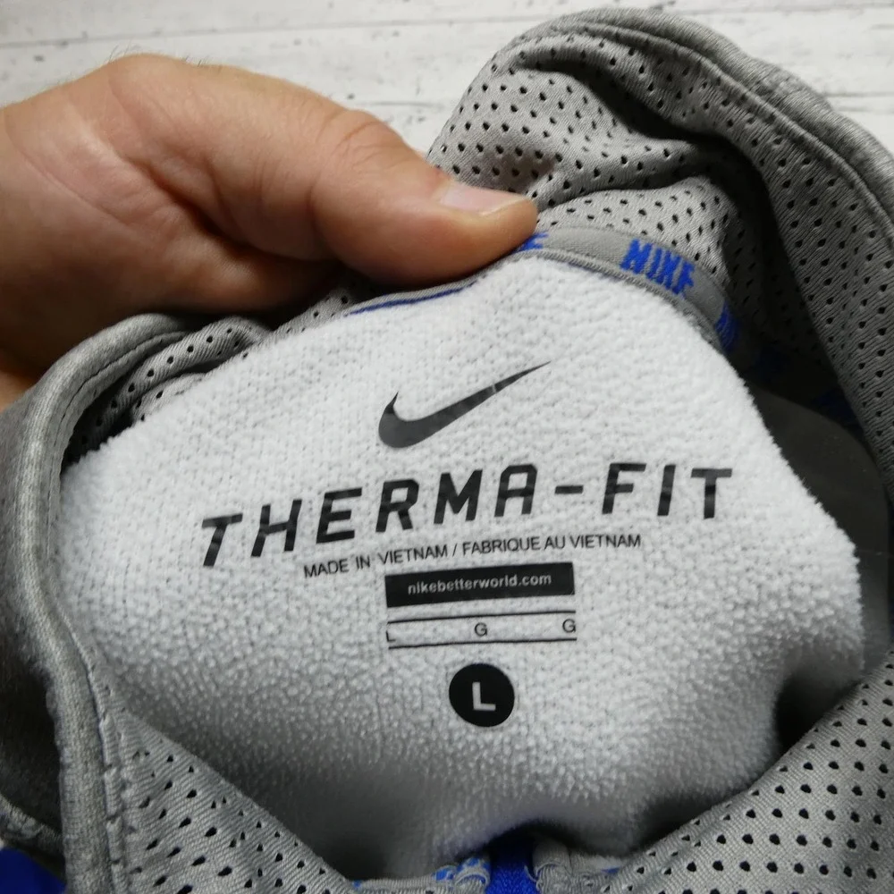 Nike Therma-FIT Sweatshirt Mens Large Gray 1/4 Zip Pullover Blue Swoosh Athletic